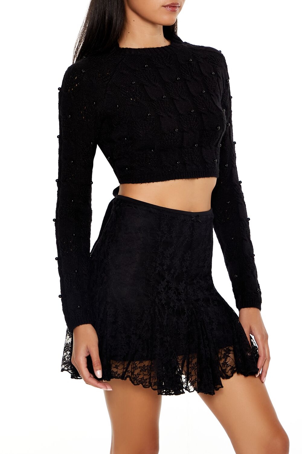 Beaded Cropped Cable Knit Sweater - Image 4