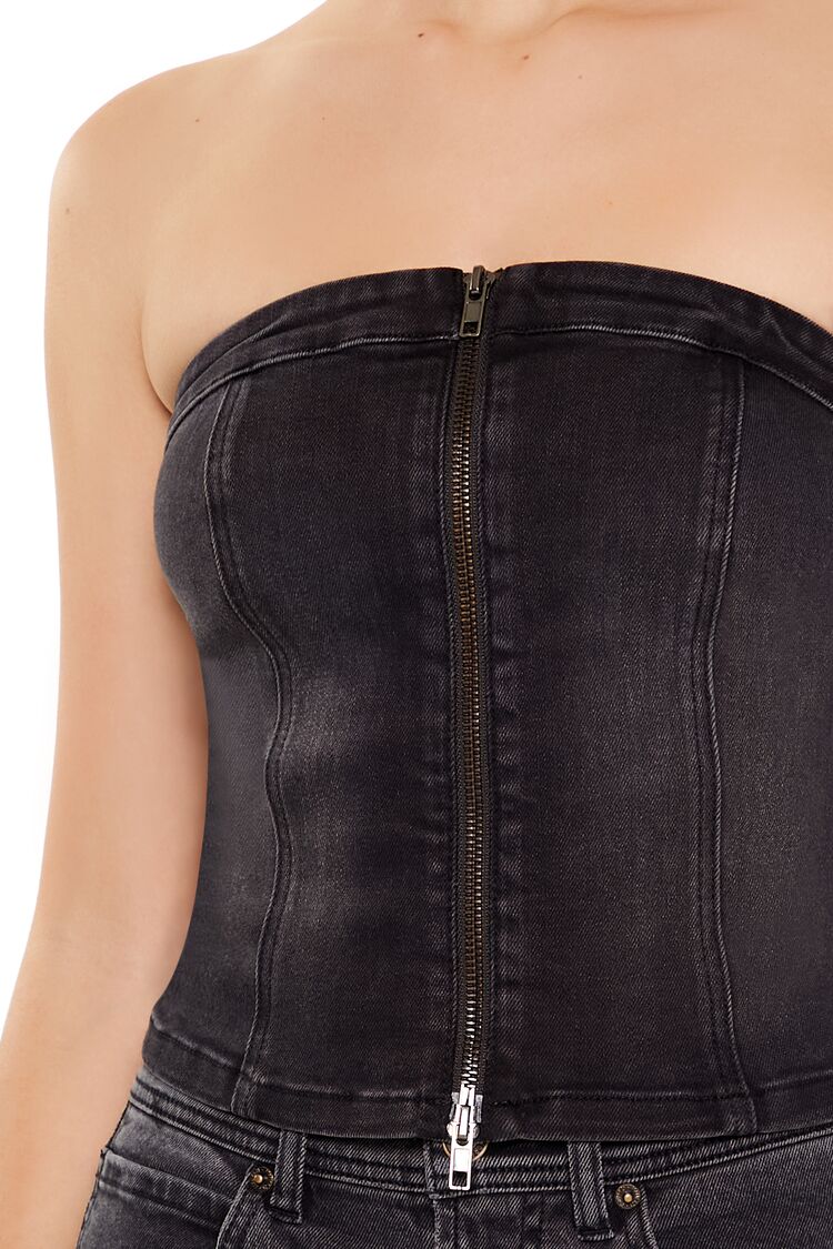 Denim Zip-Front Cropped Tube Top - Image 3
