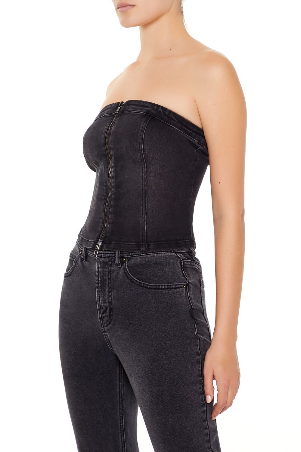 Denim Zip-Front Cropped Tube Top - Image 4