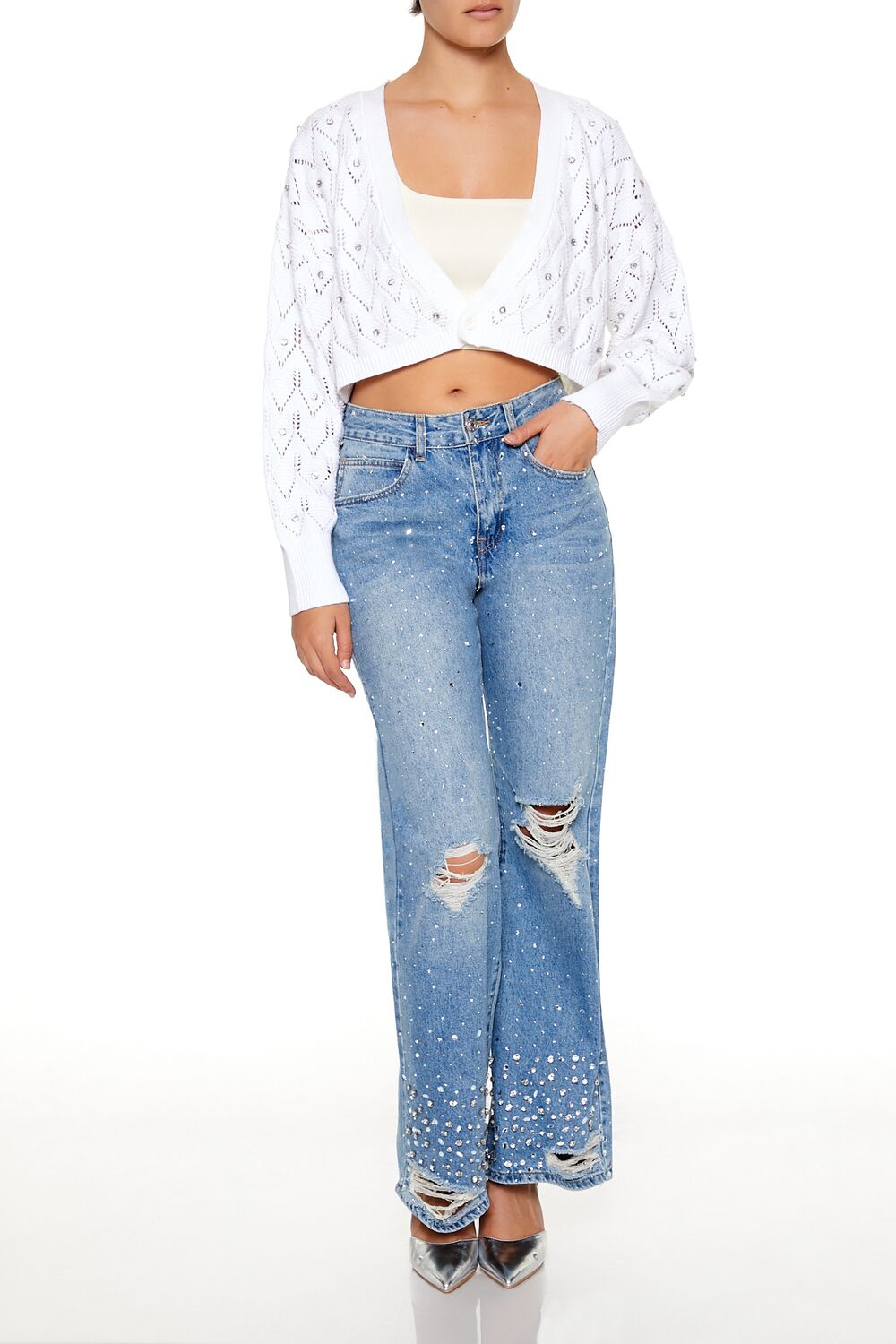 Faux Gem Cropped Cardigan Sweater - Image 7