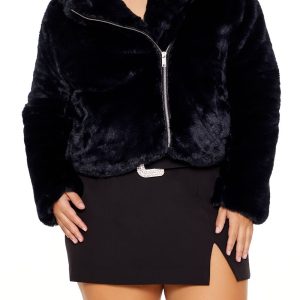 Plus Size Notched Faux Fur Coat