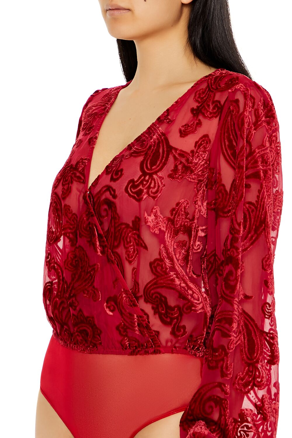 Flocked Paisley Surplice Bodysuit - Image 4