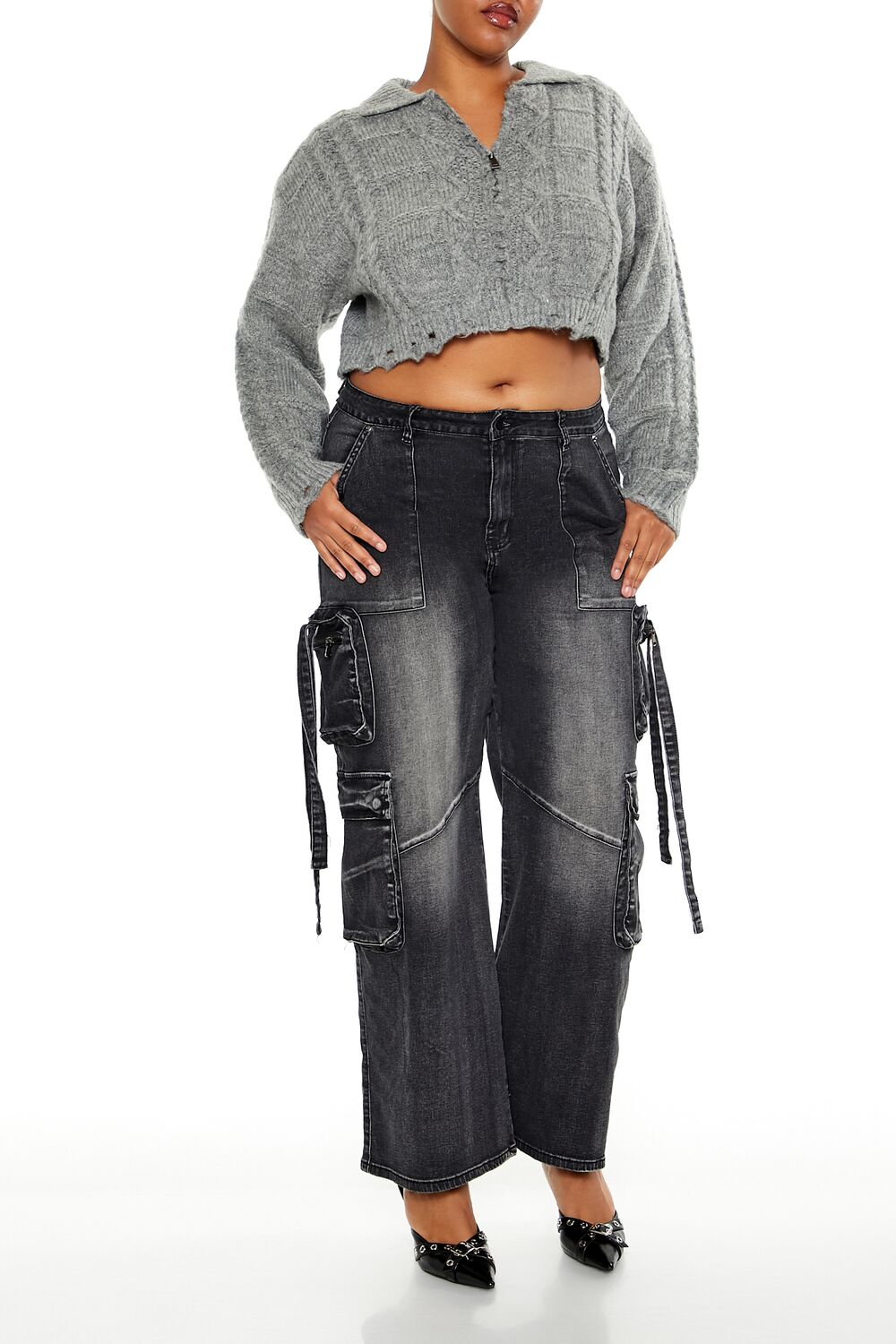 Plus Size Cable Knit Cropped Sweater - Image 2