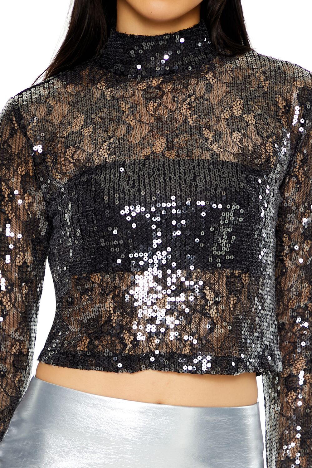 Sheer Lace Sequin Mock Neck Top - Image 3