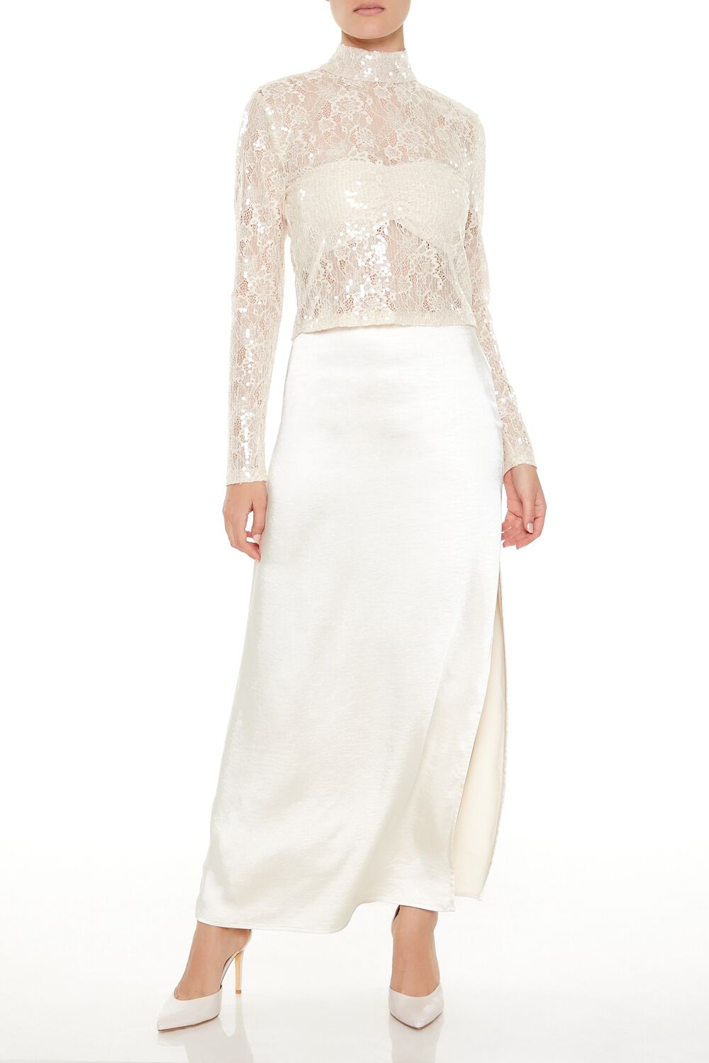 Sheer Lace Sequin Mock Neck Top - Image 7