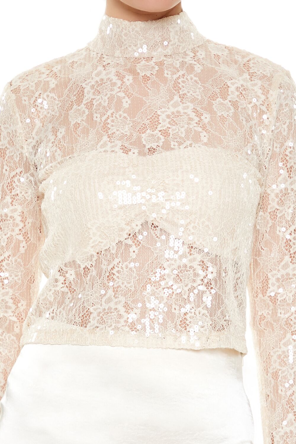 Sheer Lace Sequin Mock Neck Top - Image 8