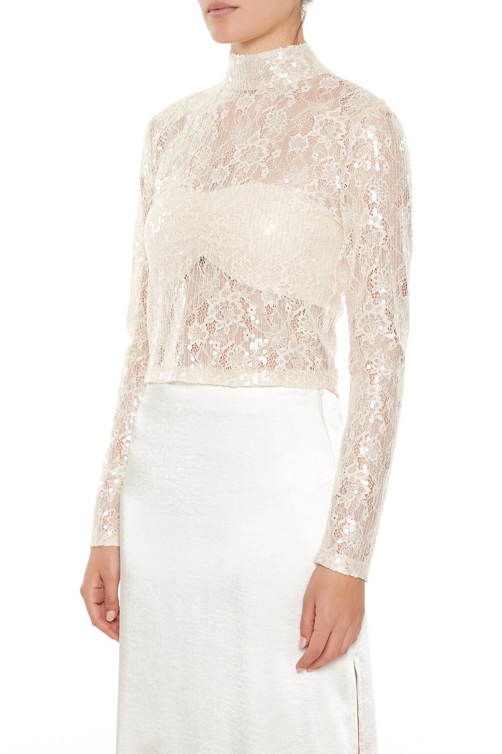 Sheer Lace Sequin Mock Neck Top - Image 9