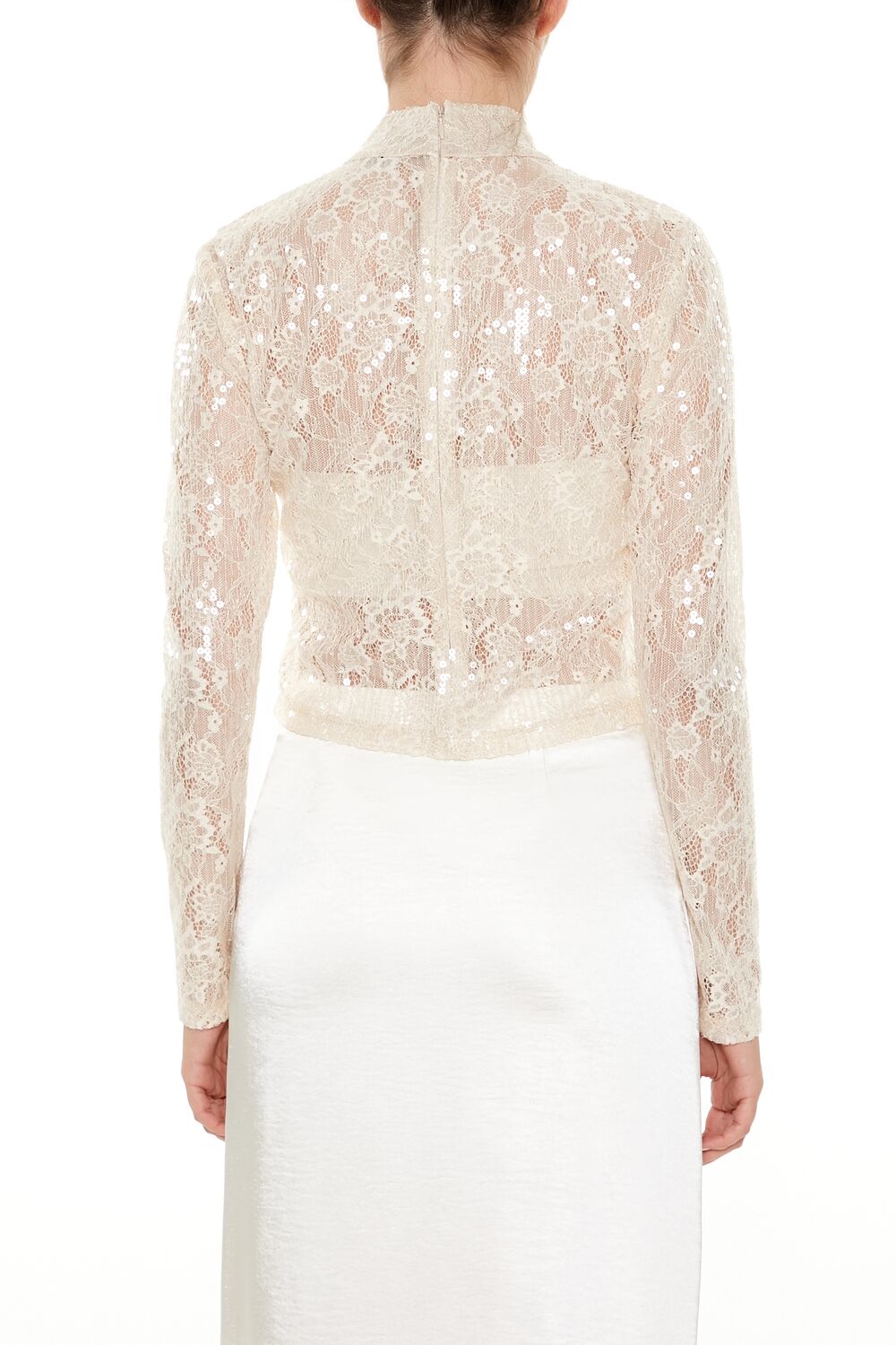 Sheer Lace Sequin Mock Neck Top - Image 10