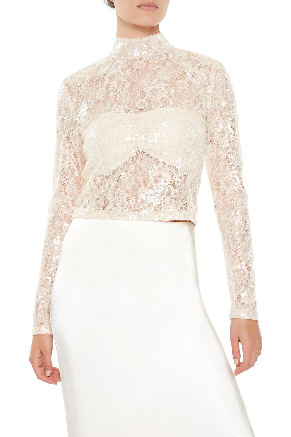 Sheer Lace Sequin Mock Neck Top - Image 11