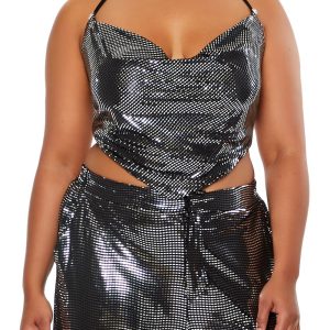Plus Size Shimmer Cropped V-Hem Halter Top