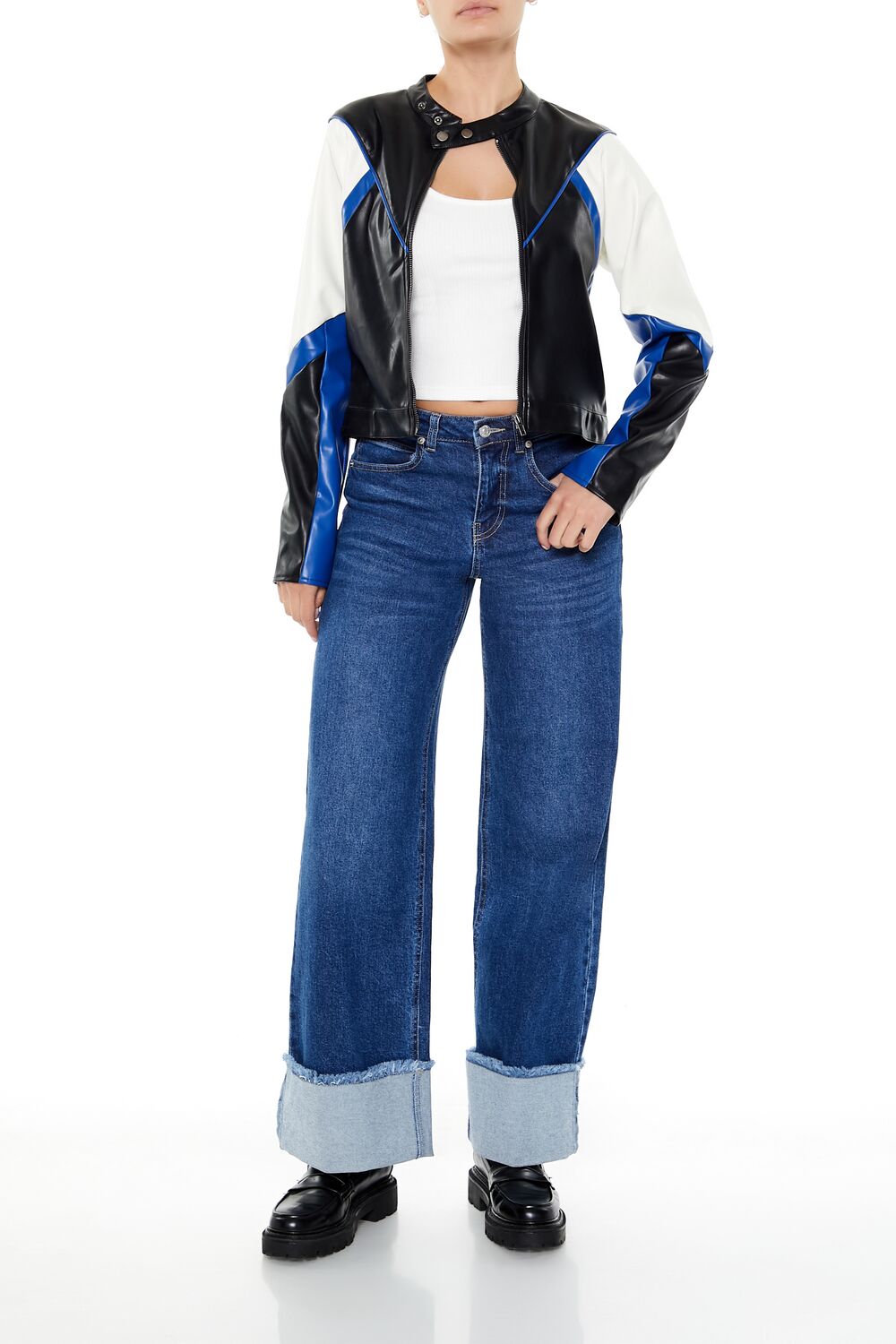 Colorblock Cropped Moto Jacket - Image 7