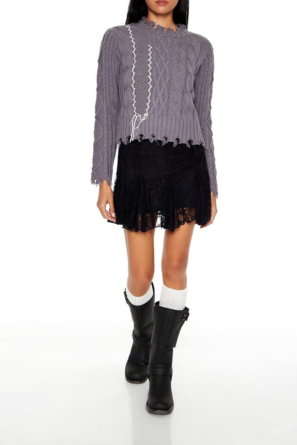 Distressed Cable Knit Sweater - Image 2