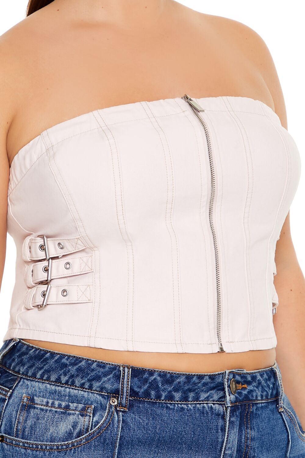 Plus Size Denim Zip-Up Tube Top - Image 3