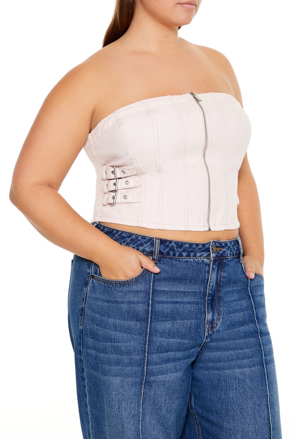 Plus Size Denim Zip-Up Tube Top - Image 4