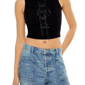 Sweater-Knit Lace-Up Crop Top