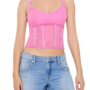 Mesh Ruffle-Trim Cropped Cami