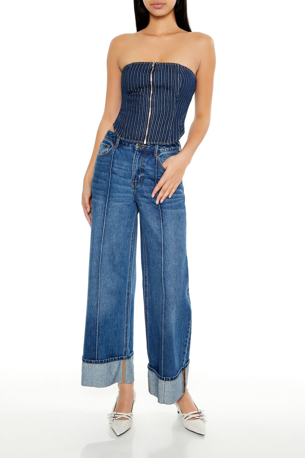 Striped Denim Tube Crop Top - Image 2