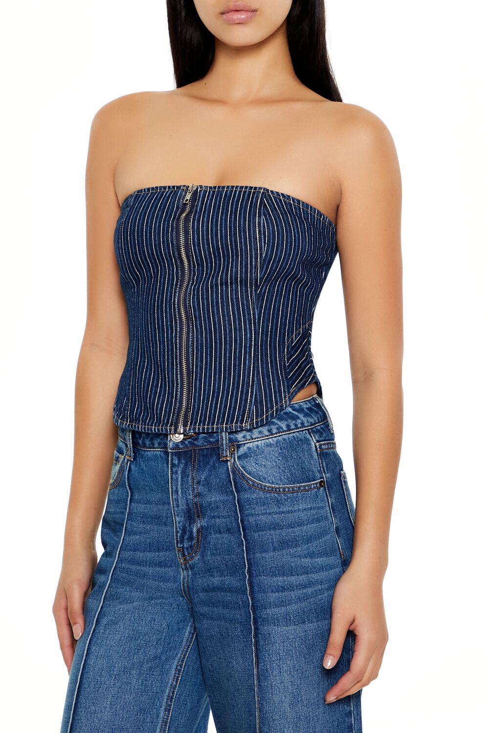 Striped Denim Tube Crop Top - Image 3