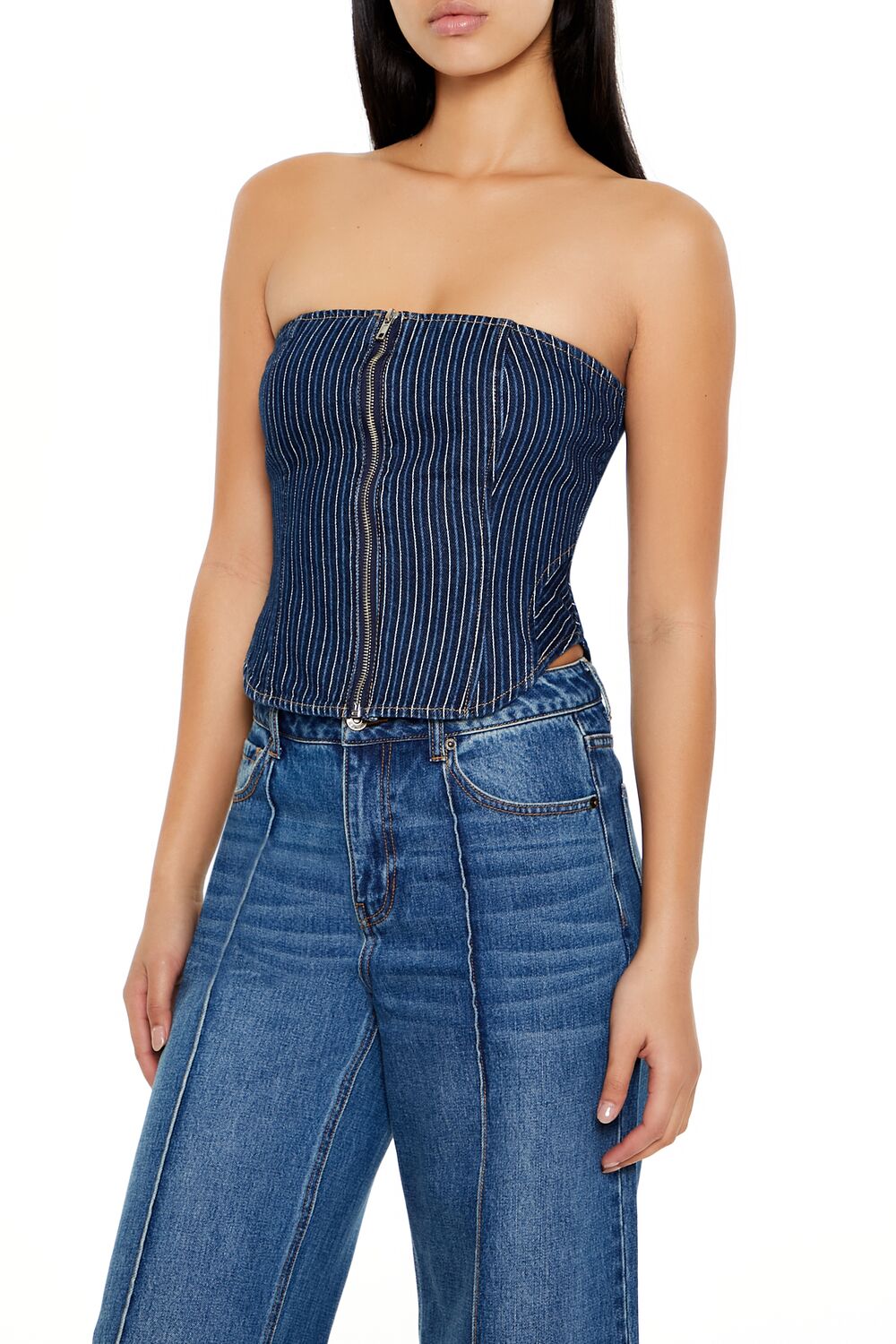 Striped Denim Tube Crop Top - Image 4