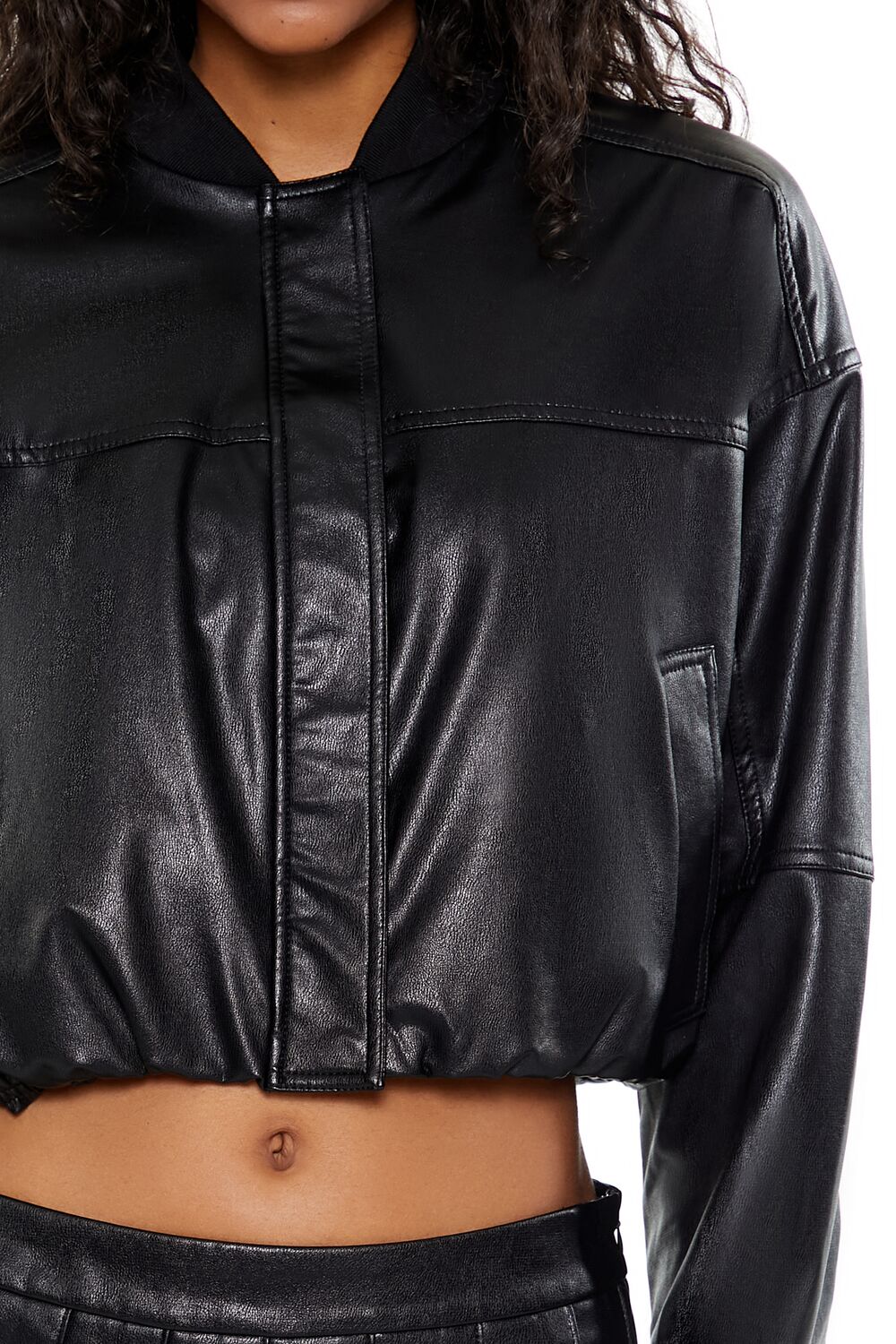 Faux Leather Cropped Bomber Jacker - Image 3
