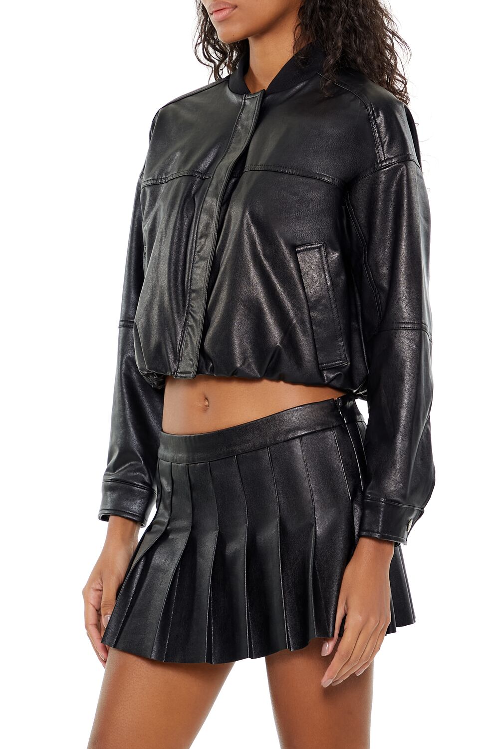 Faux Leather Cropped Bomber Jacker - Image 4