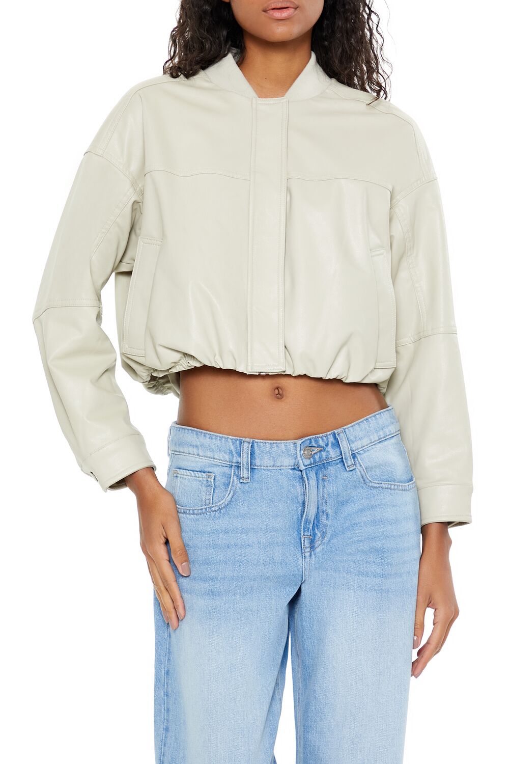 Faux Leather Cropped Bomber Jacker - Image 6