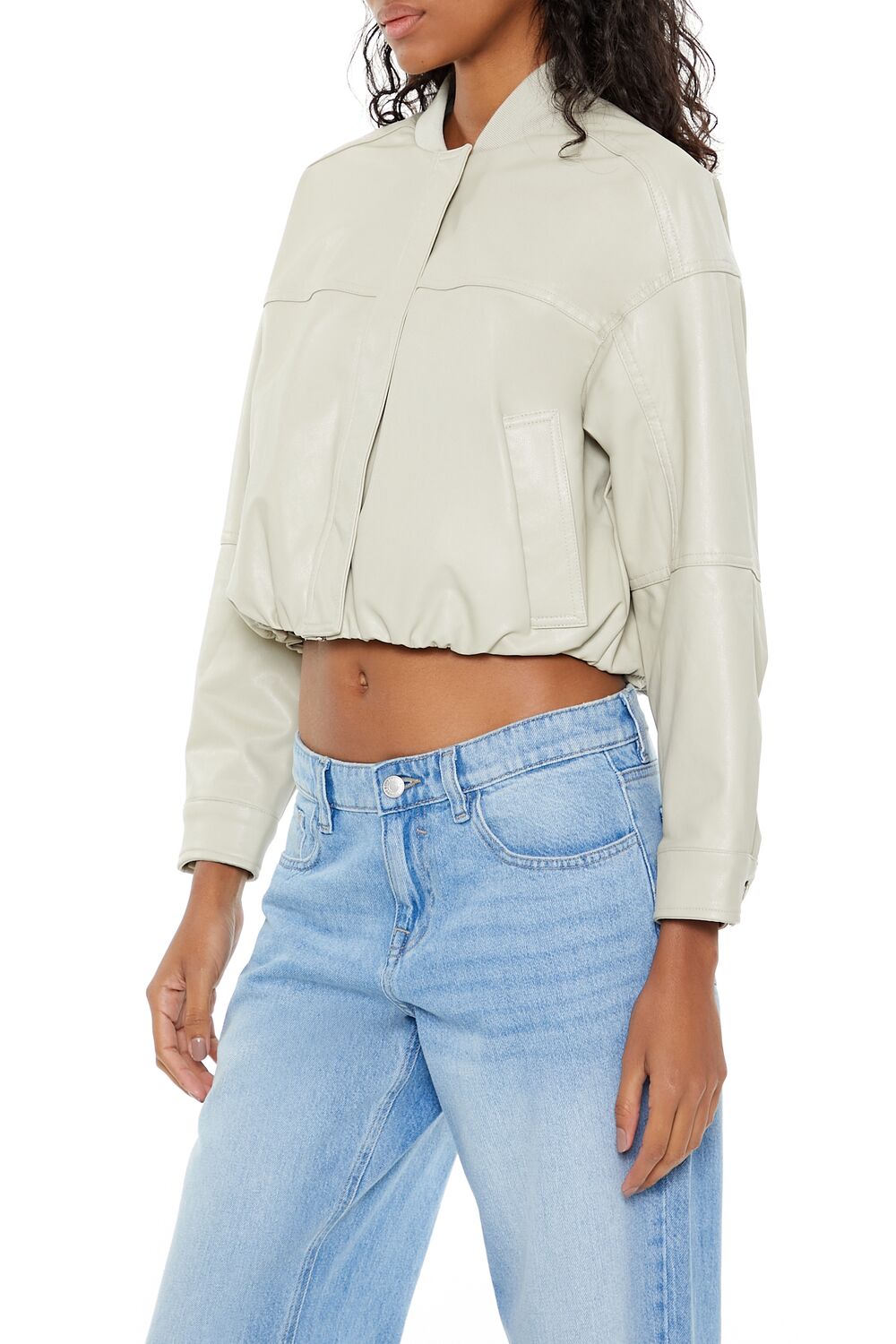 Faux Leather Cropped Bomber Jacker - Image 9