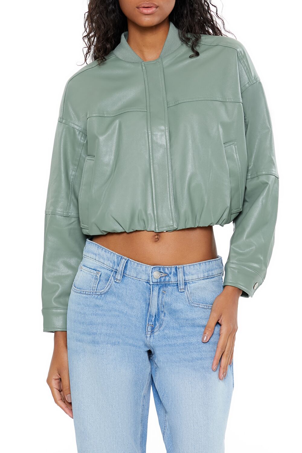 Faux Leather Cropped Bomber Jacker - Image 11
