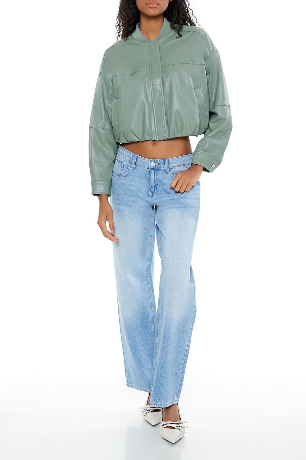 Faux Leather Cropped Bomber Jacker - Image 12