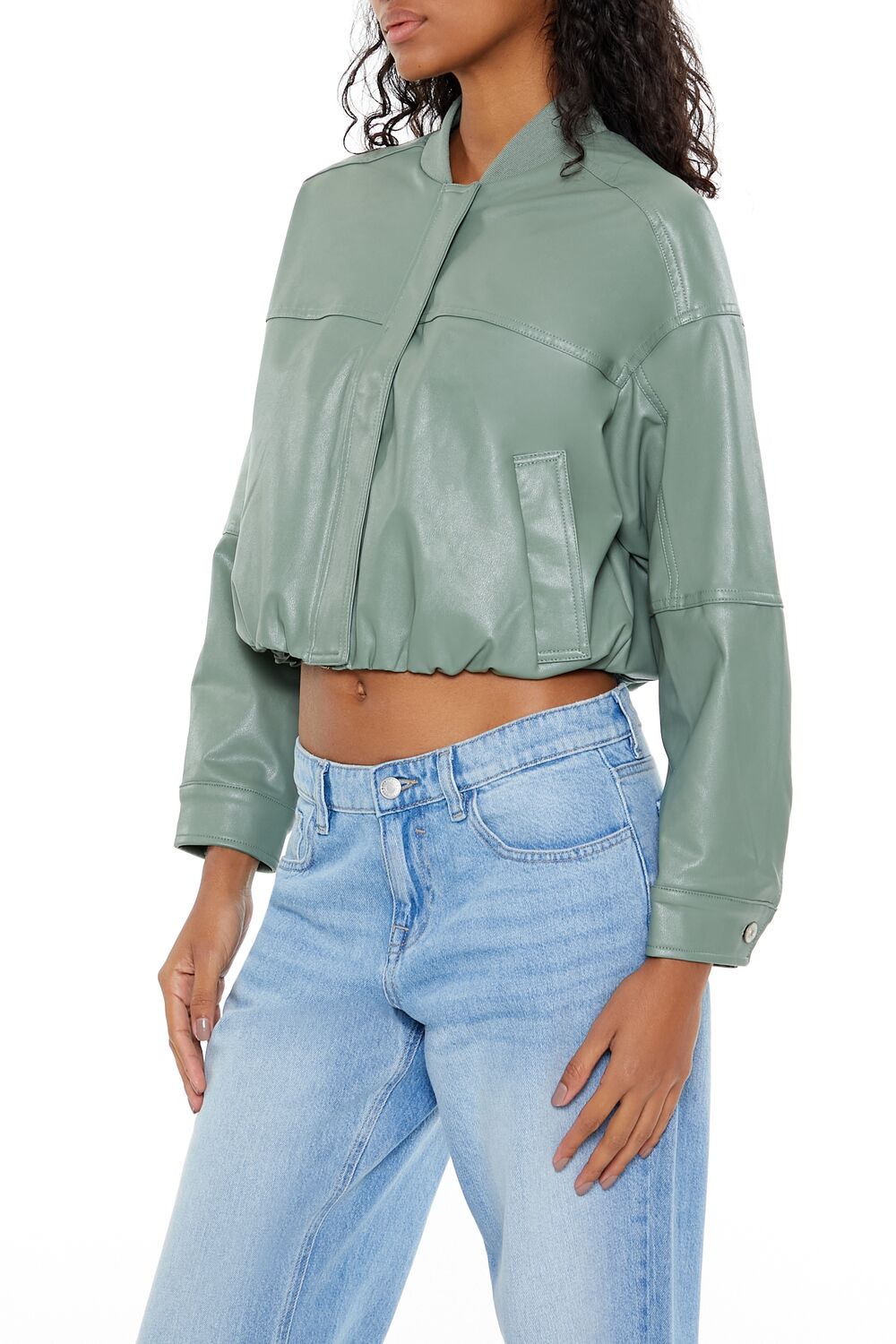 Faux Leather Cropped Bomber Jacker - Image 14