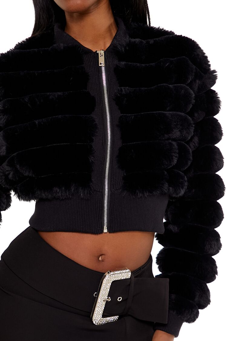 Faux Fur Cropped Bomber Jacket - Image 3