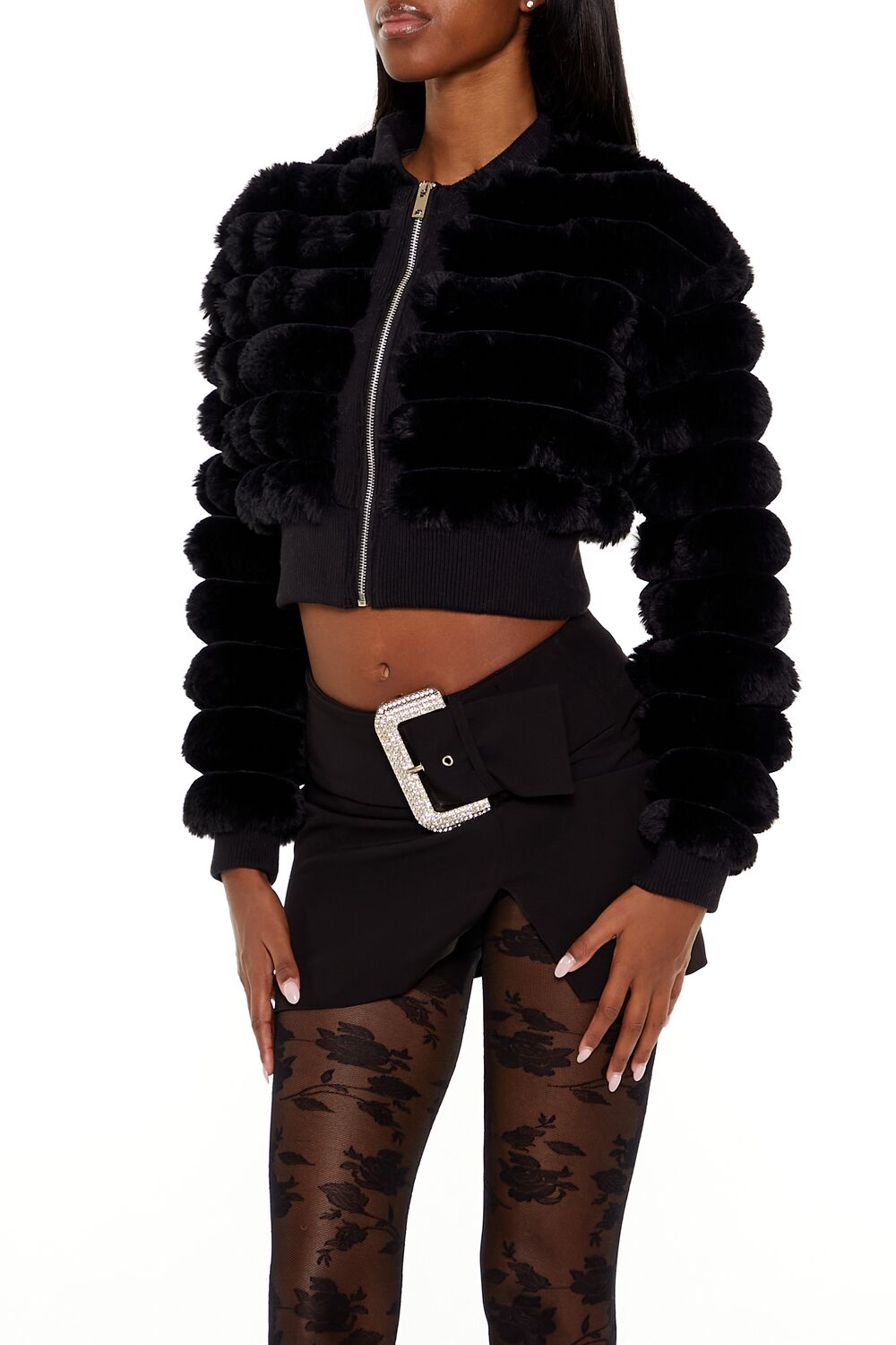 Faux Fur Cropped Bomber Jacket - Image 4