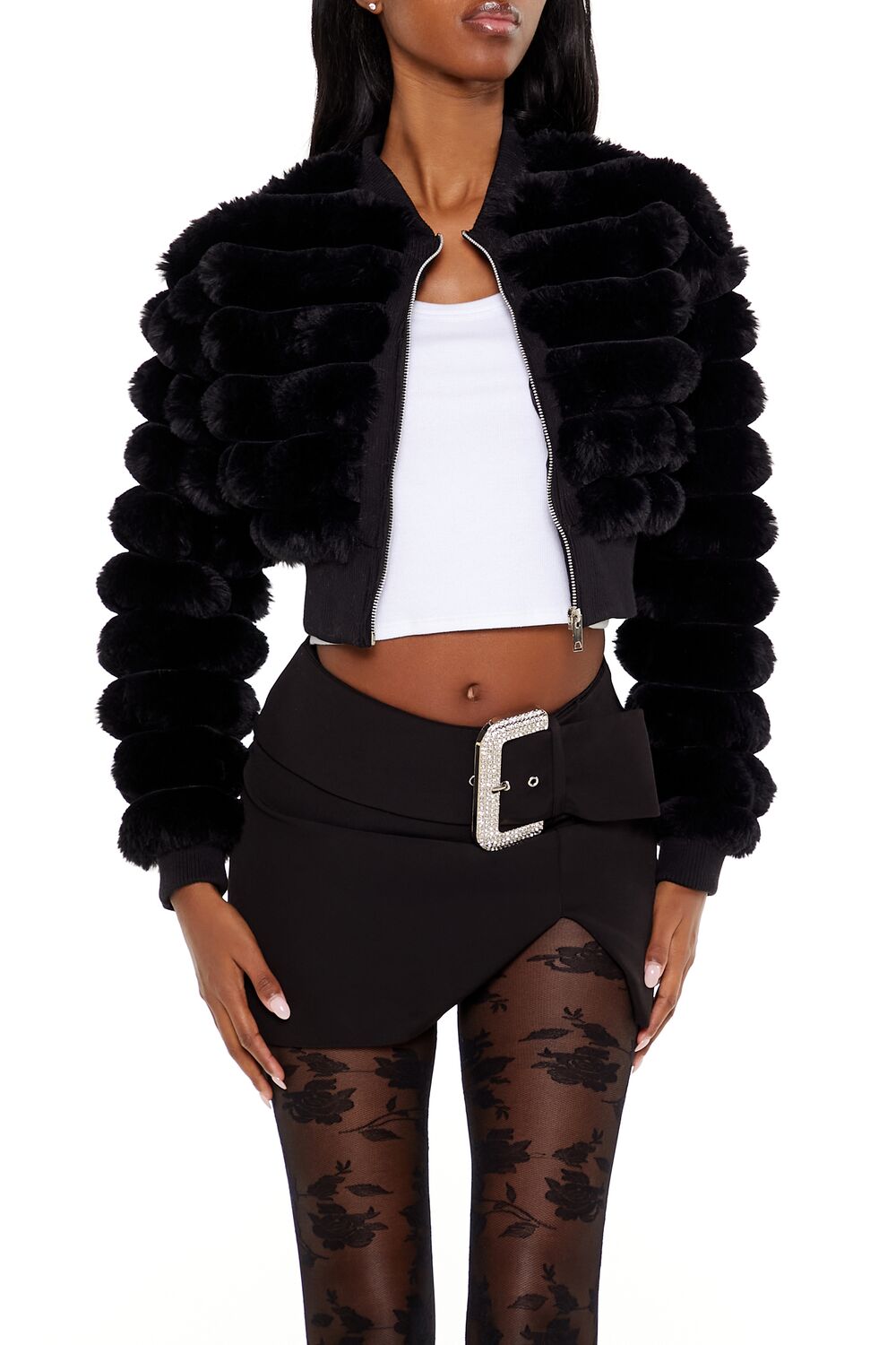 Faux Fur Cropped Bomber Jacket - Image 6