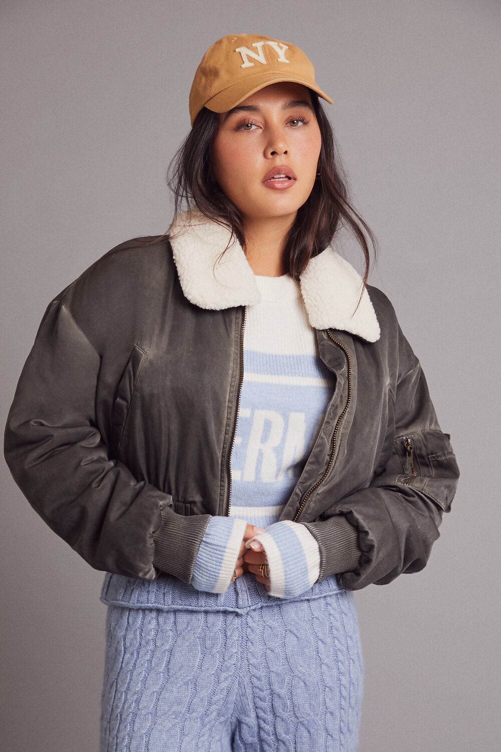 Oil Wash Cropped Bomber Jacket