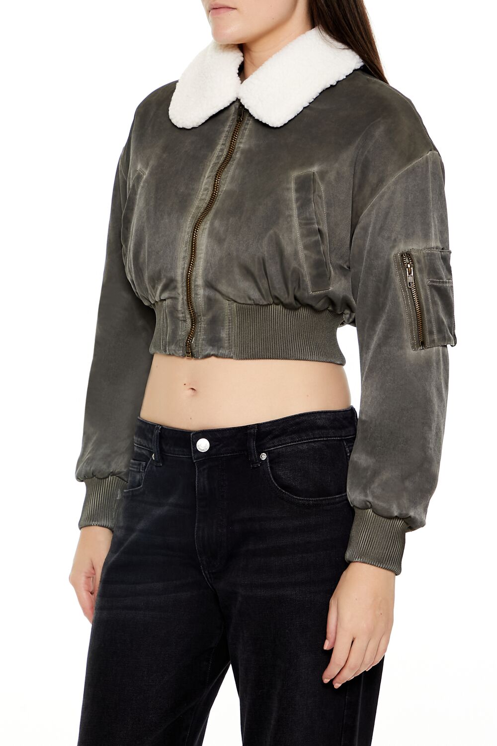 Oil Wash Cropped Bomber Jacket - Image 4