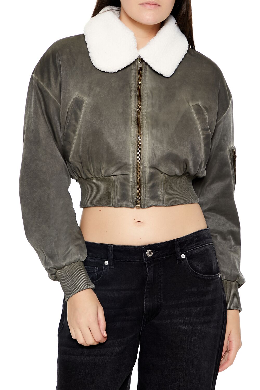 Oil Wash Cropped Bomber Jacket - Image 6