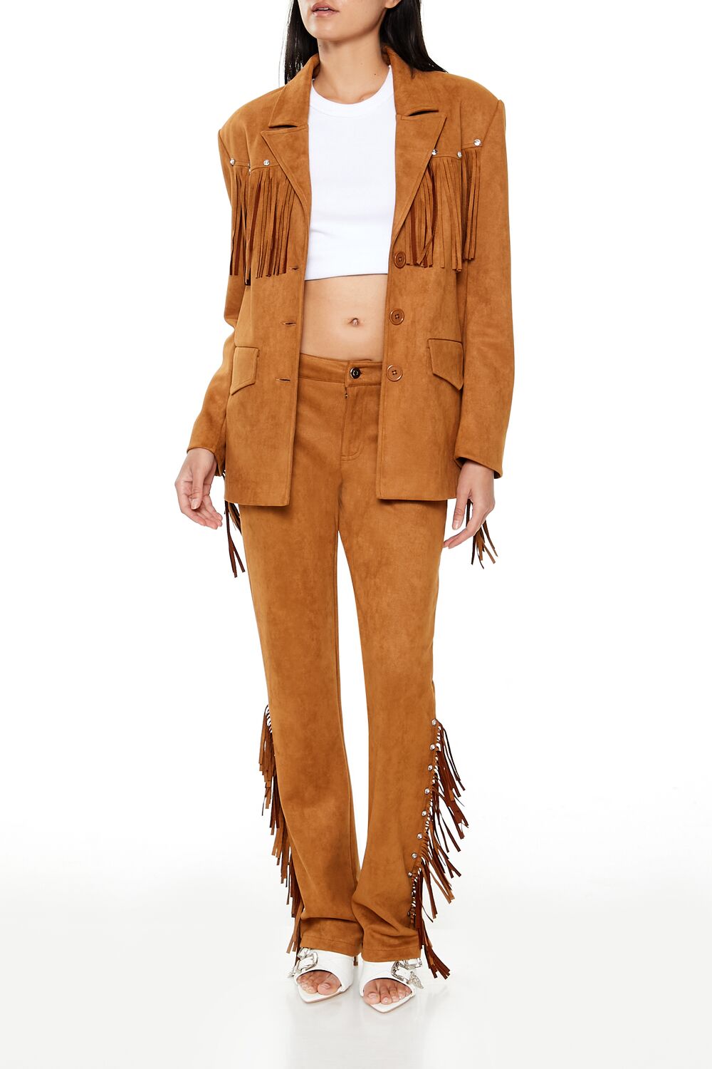 Rhinestone Fringe Faux Suede Pants