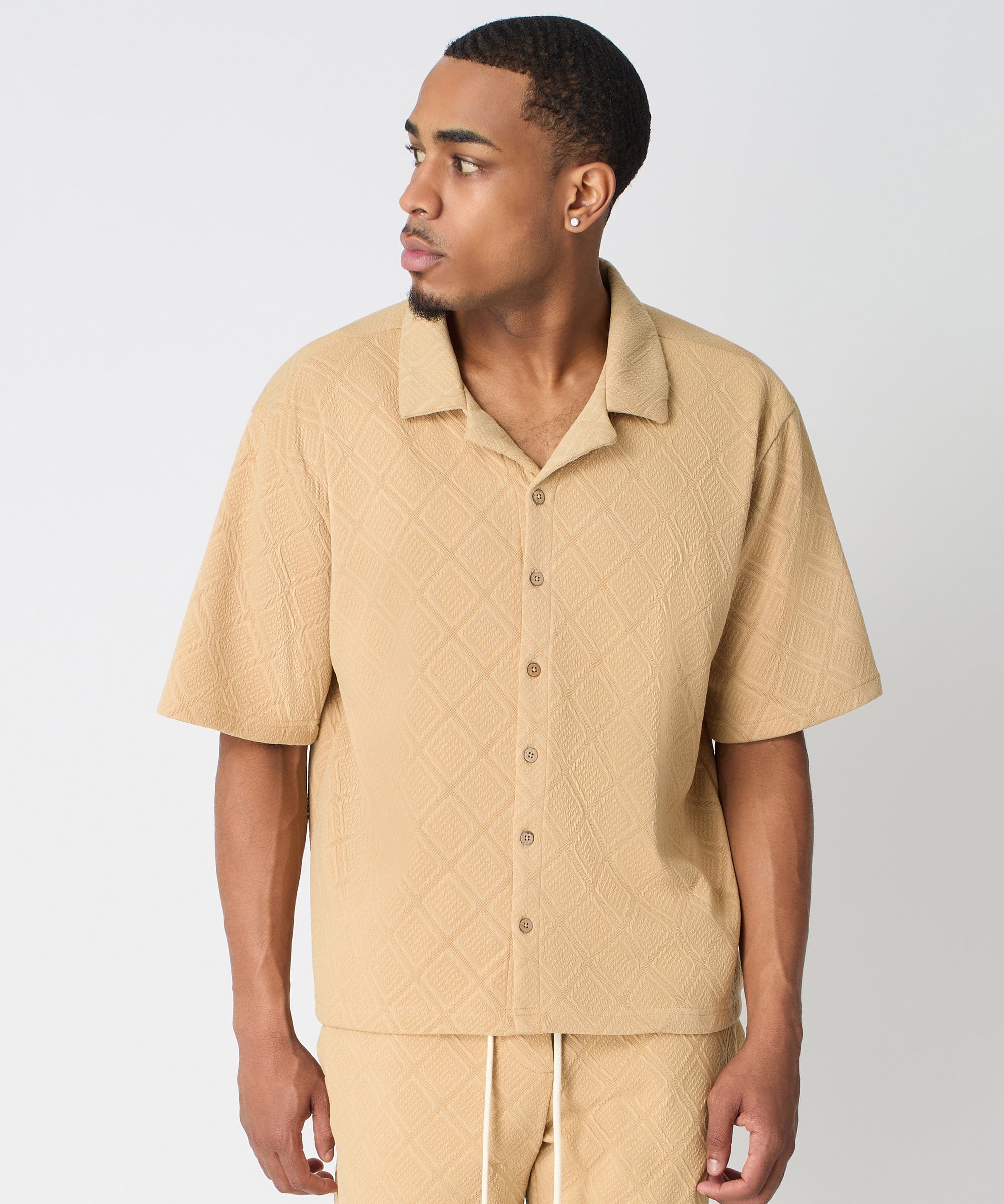 Textured Knit Short Sleeve Button Down Shirt - Taupe
