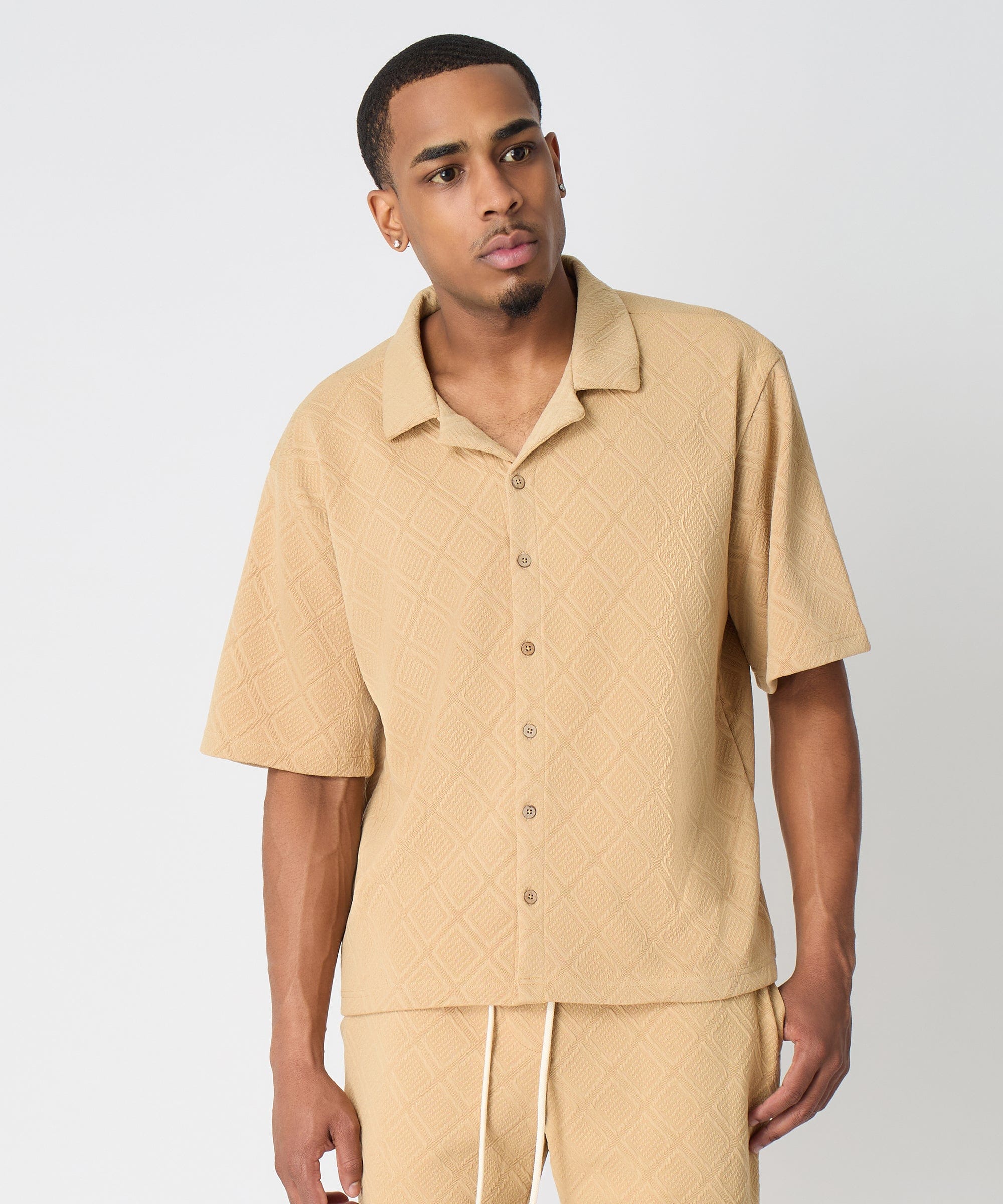 Textured Knit Short Sleeve Button Down Shirt - Taupe - Image 7