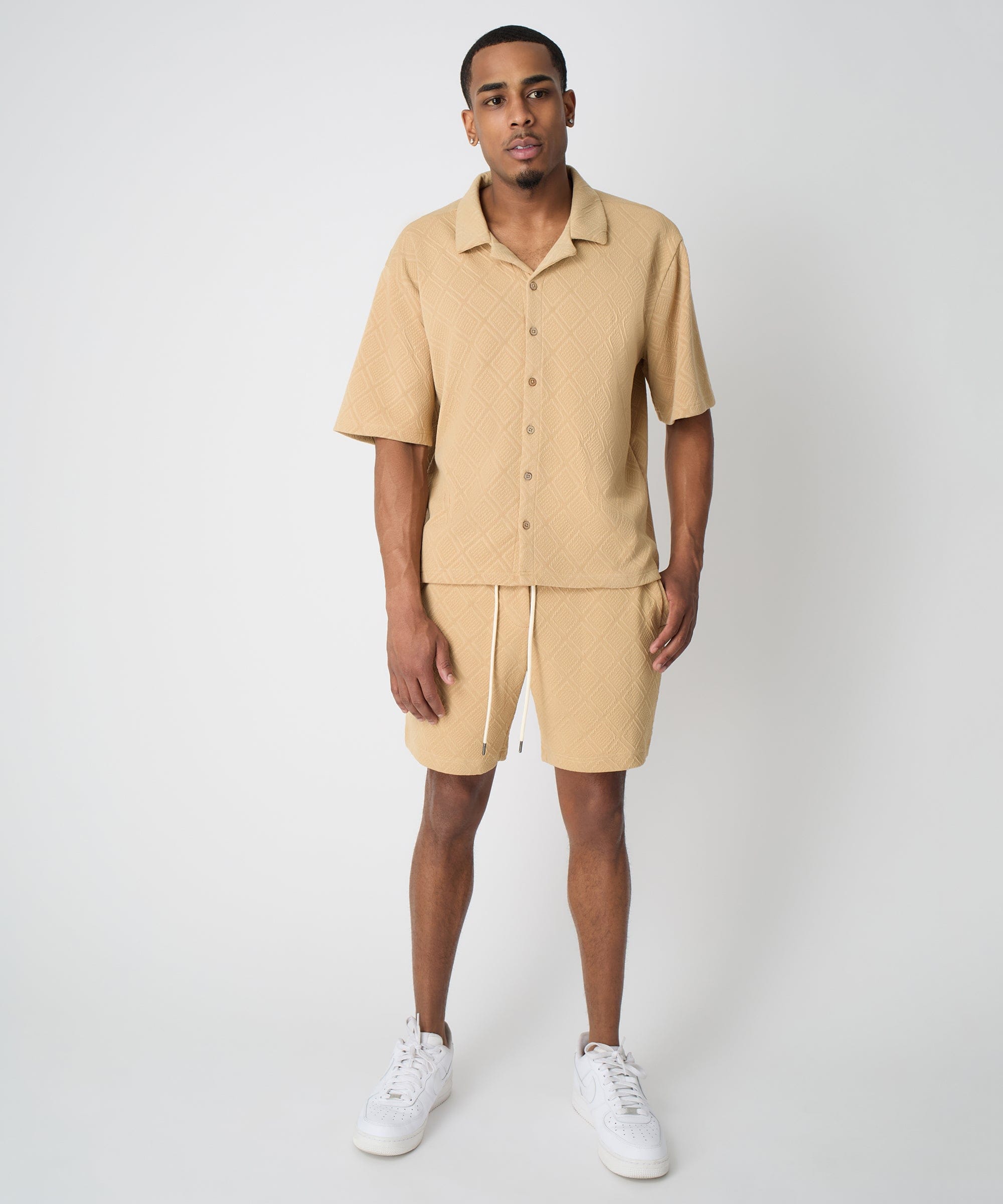 Textured Knit Short Sleeve Button Down Shirt - Taupe - Image 9