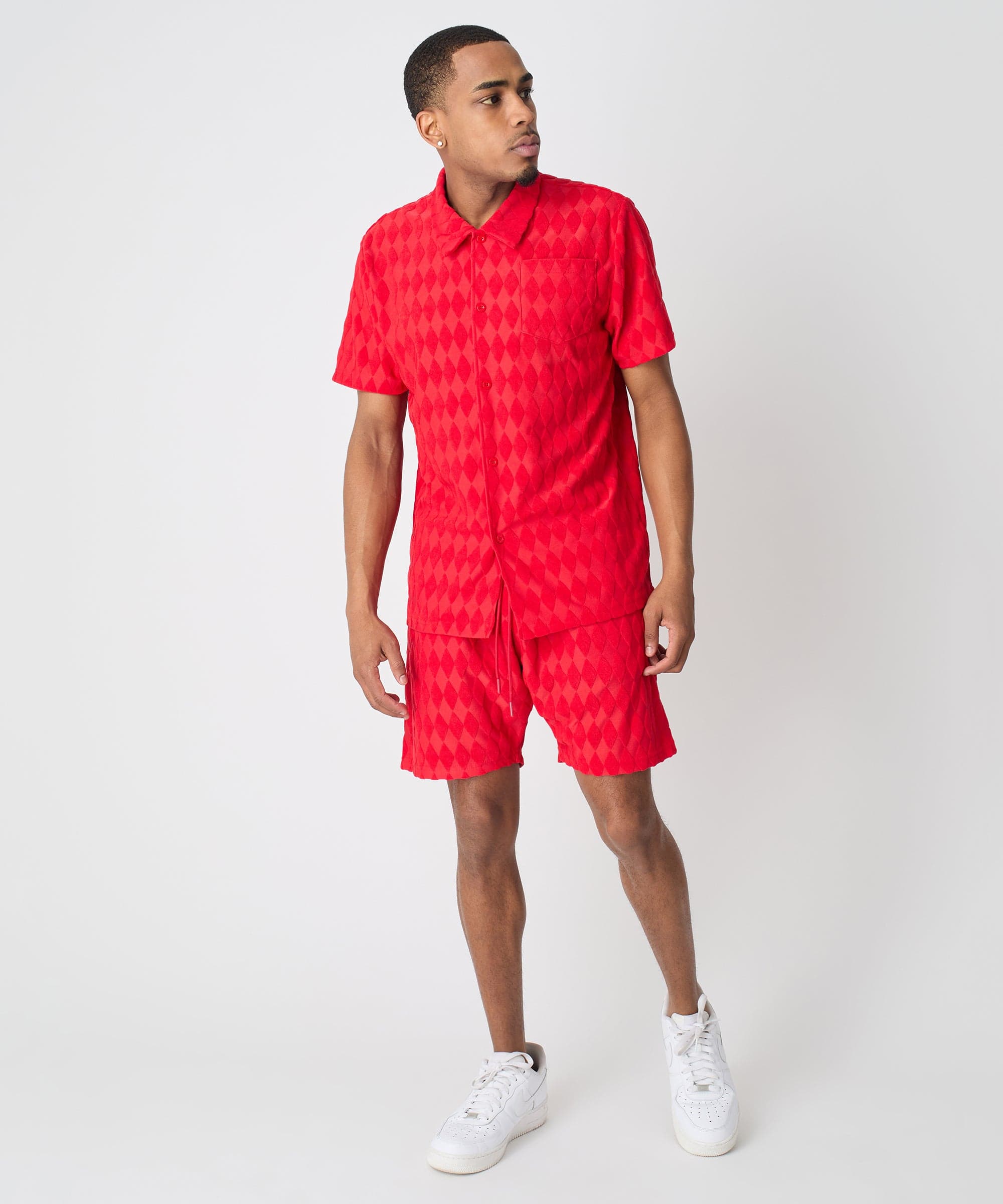 Diamond Plate Towel Color Blocked Short Sleeve Button Down Shirt - Red - Image 7