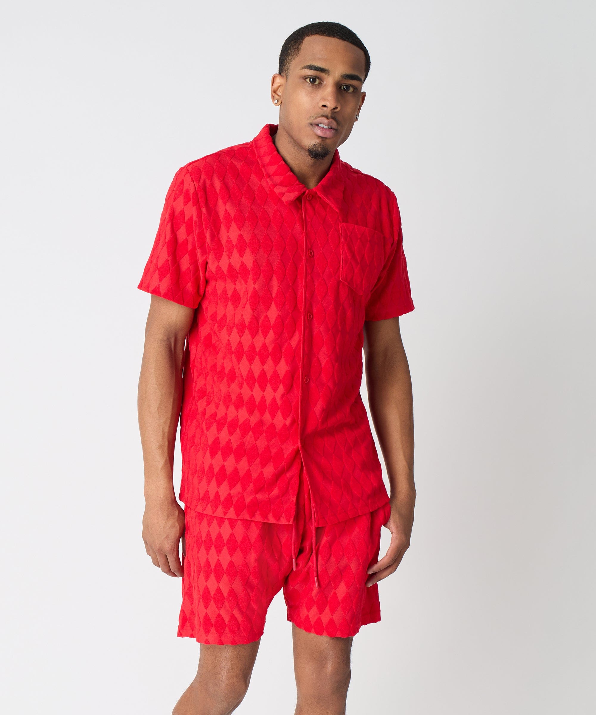 Diamond Plate Towel Color Blocked Short Sleeve Button Down Shirt - Red - Image 3