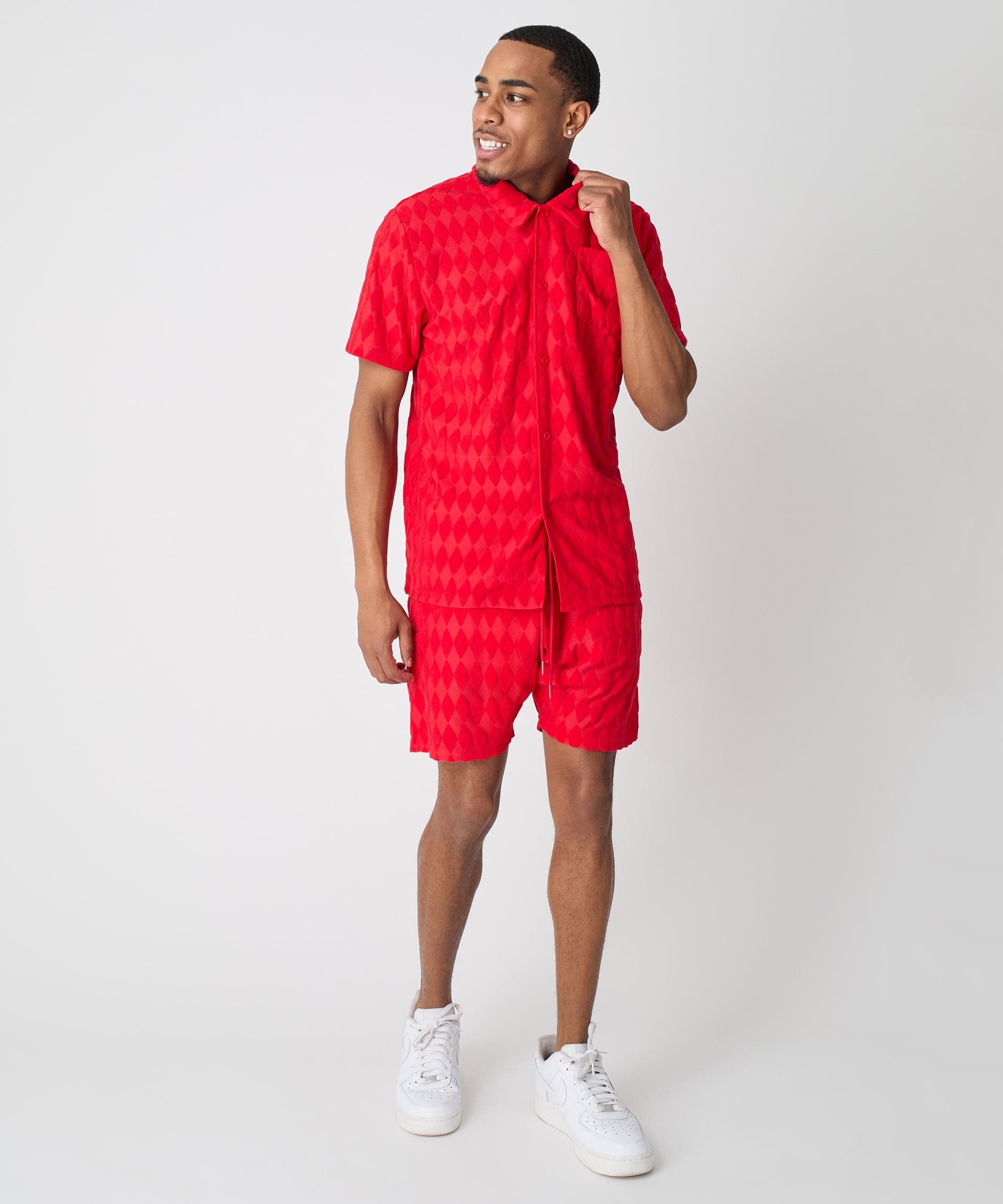 Diamond Plate Towel Color Blocked Short Sleeve Button Down Shirt - Red - Image 8