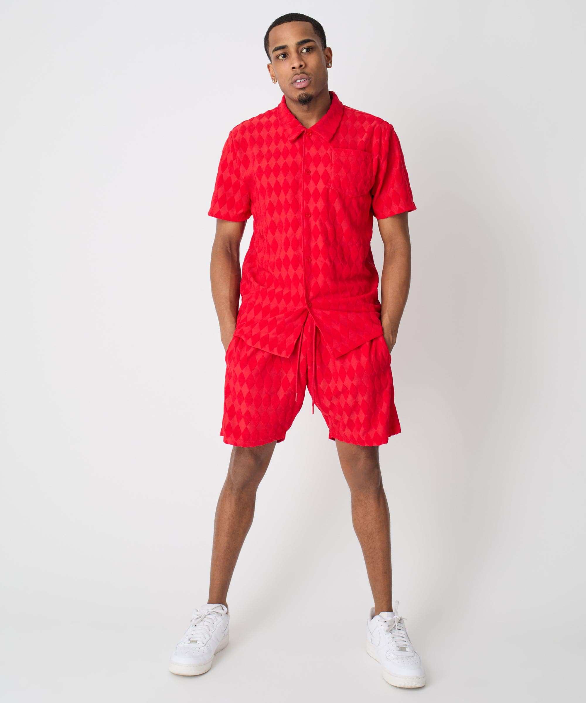 Diamond Plate Towel Color Blocked Short Sleeve Button Down Shirt - Red - Image 4