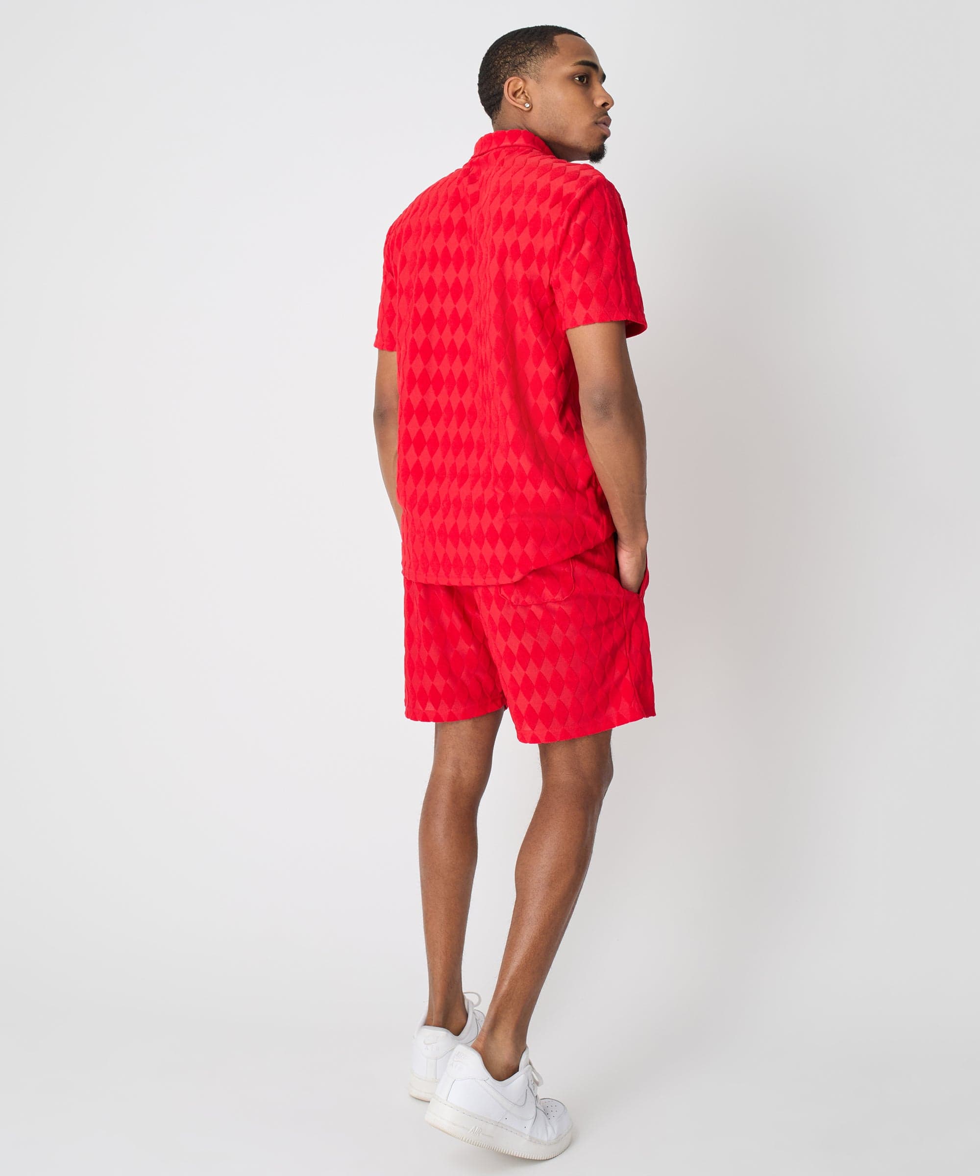 Diamond Plate Towel Color Blocked Short Sleeve Button Down Shirt - Red - Image 10