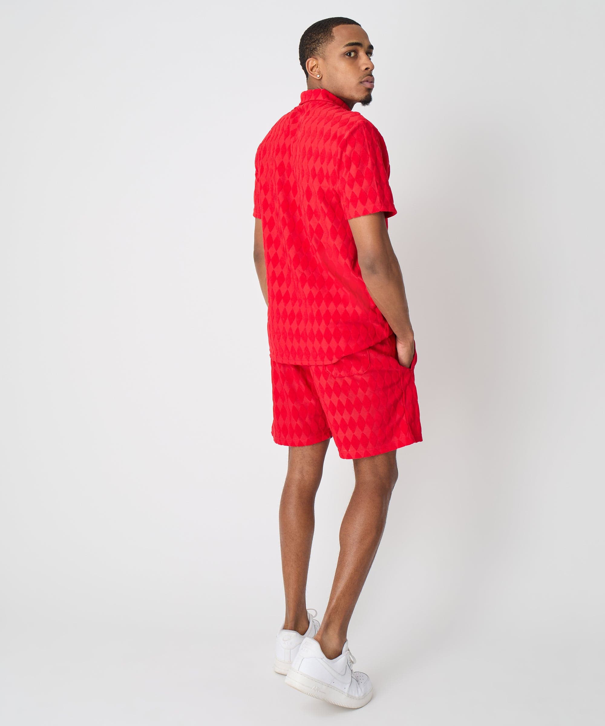 Diamond Plate Towel Color Blocked Short Sleeve Button Down Shirt - Red - Image 11
