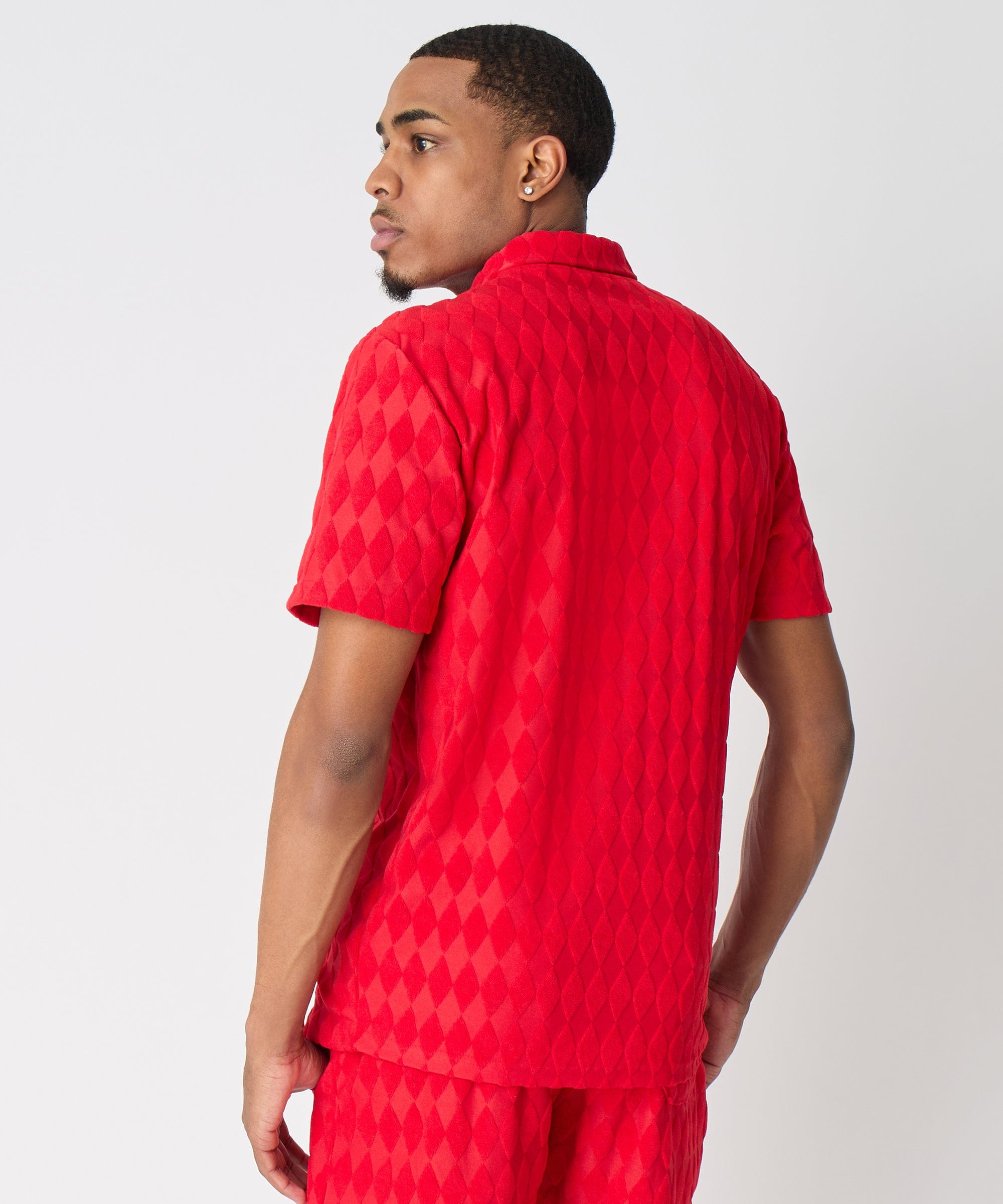 Diamond Plate Towel Color Blocked Short Sleeve Button Down Shirt - Red - Image 2