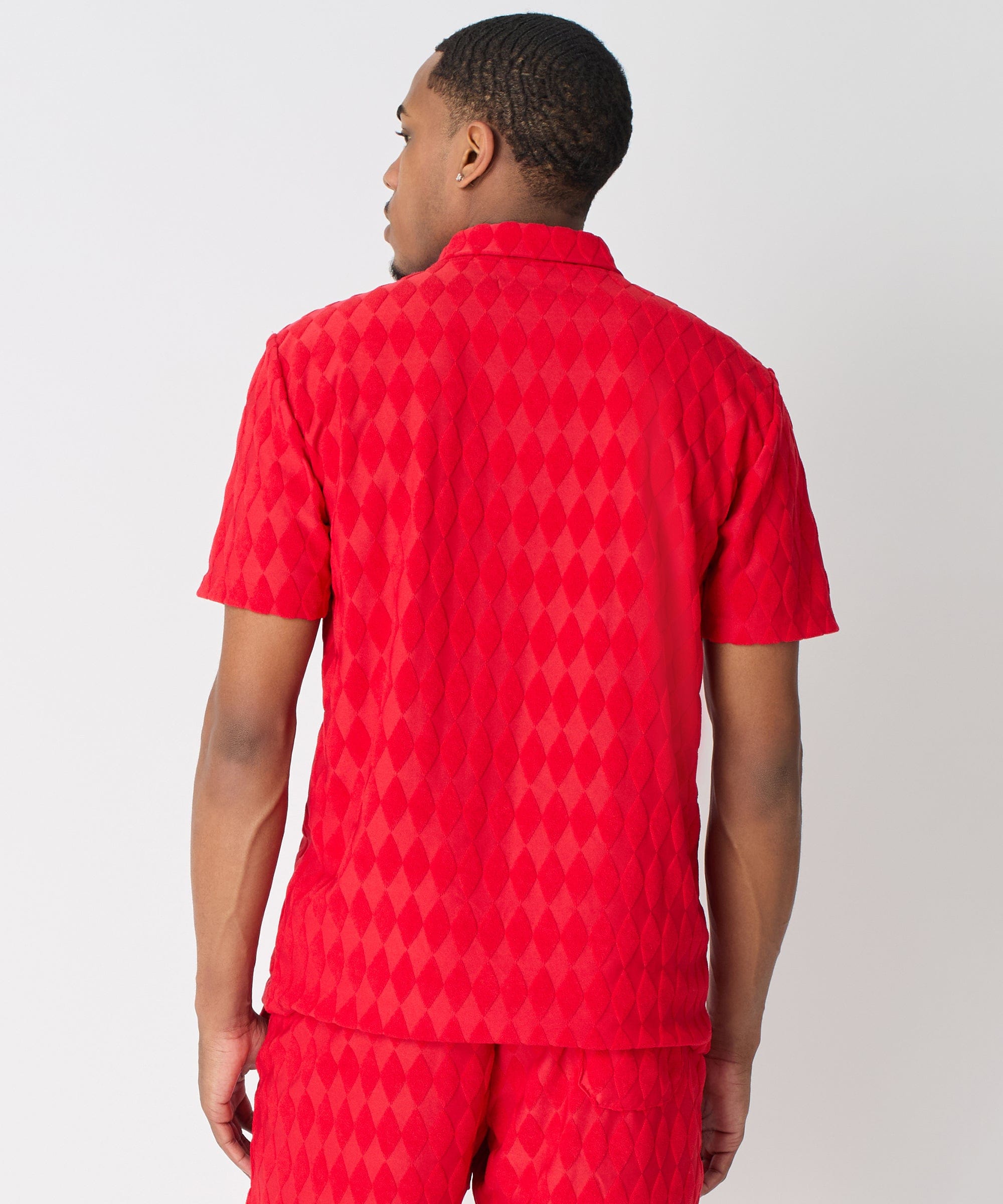 Diamond Plate Towel Color Blocked Short Sleeve Button Down Shirt - Red - Image 12