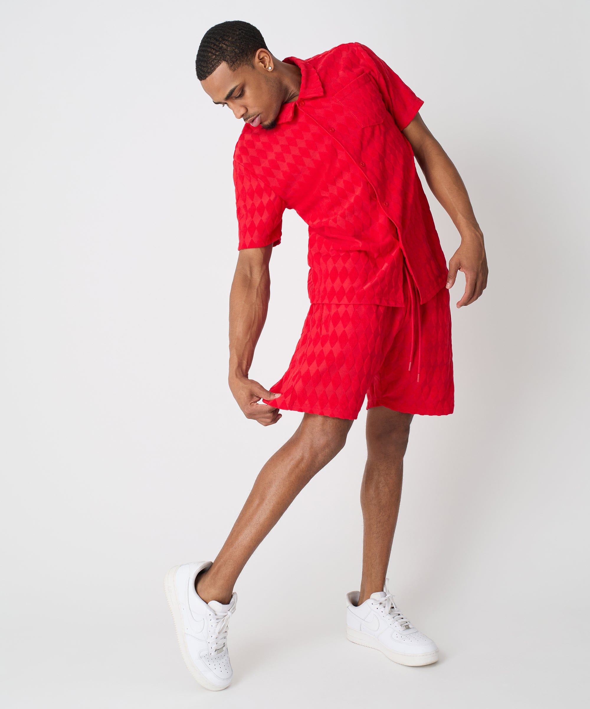 Diamond Plate Towel Color Blocked Short Sleeve Button Down Shirt - Red - Image 13