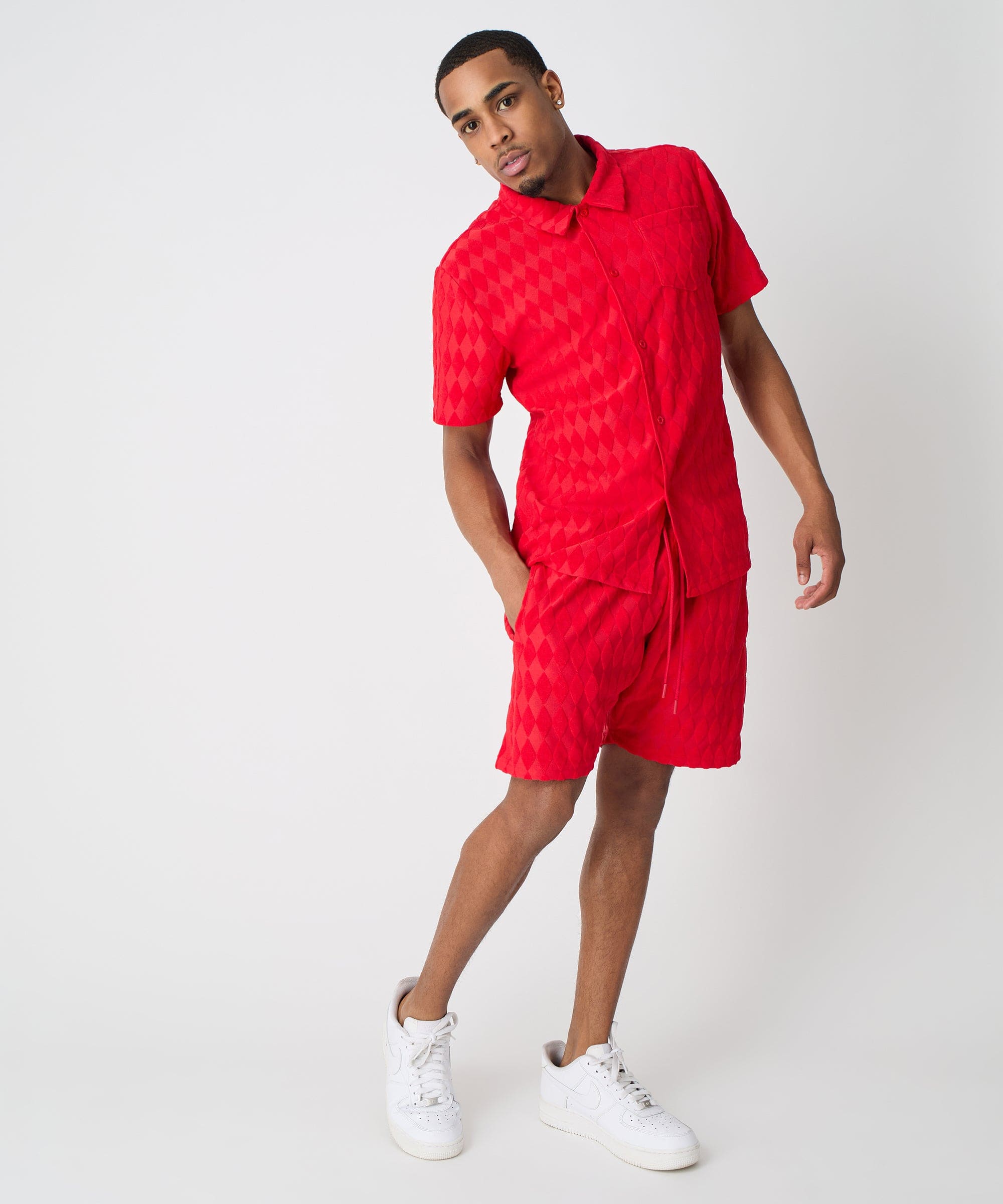 Diamond Plate Towel Color Blocked Short Sleeve Button Down Shirt - Red - Image 14